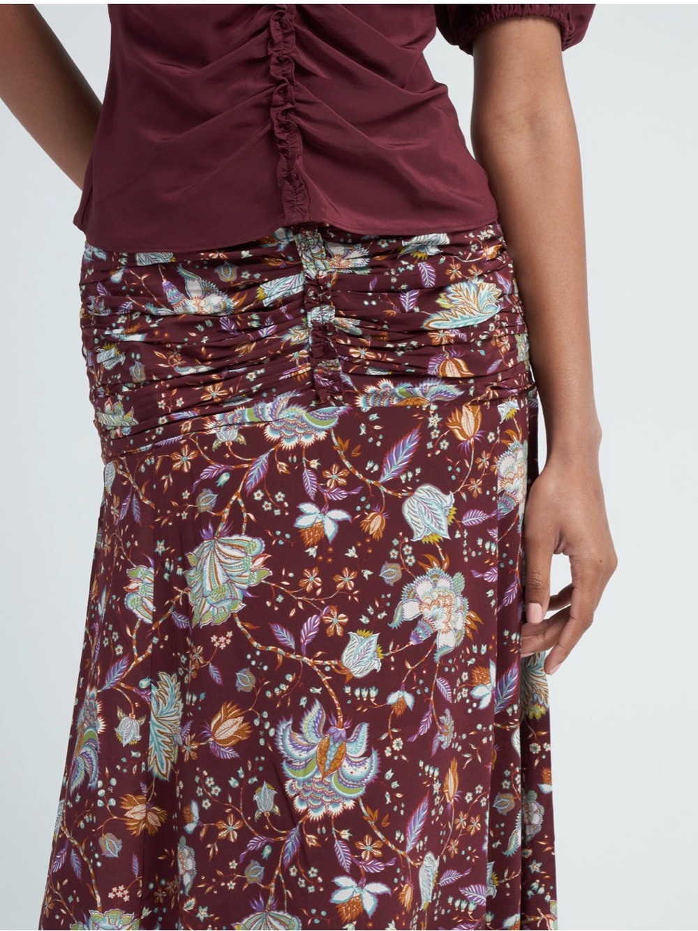 Ulla Johnson Imani Heliotrope Floral Ruched Silk Midi Skirt Size 10 - Picture 3 of 13